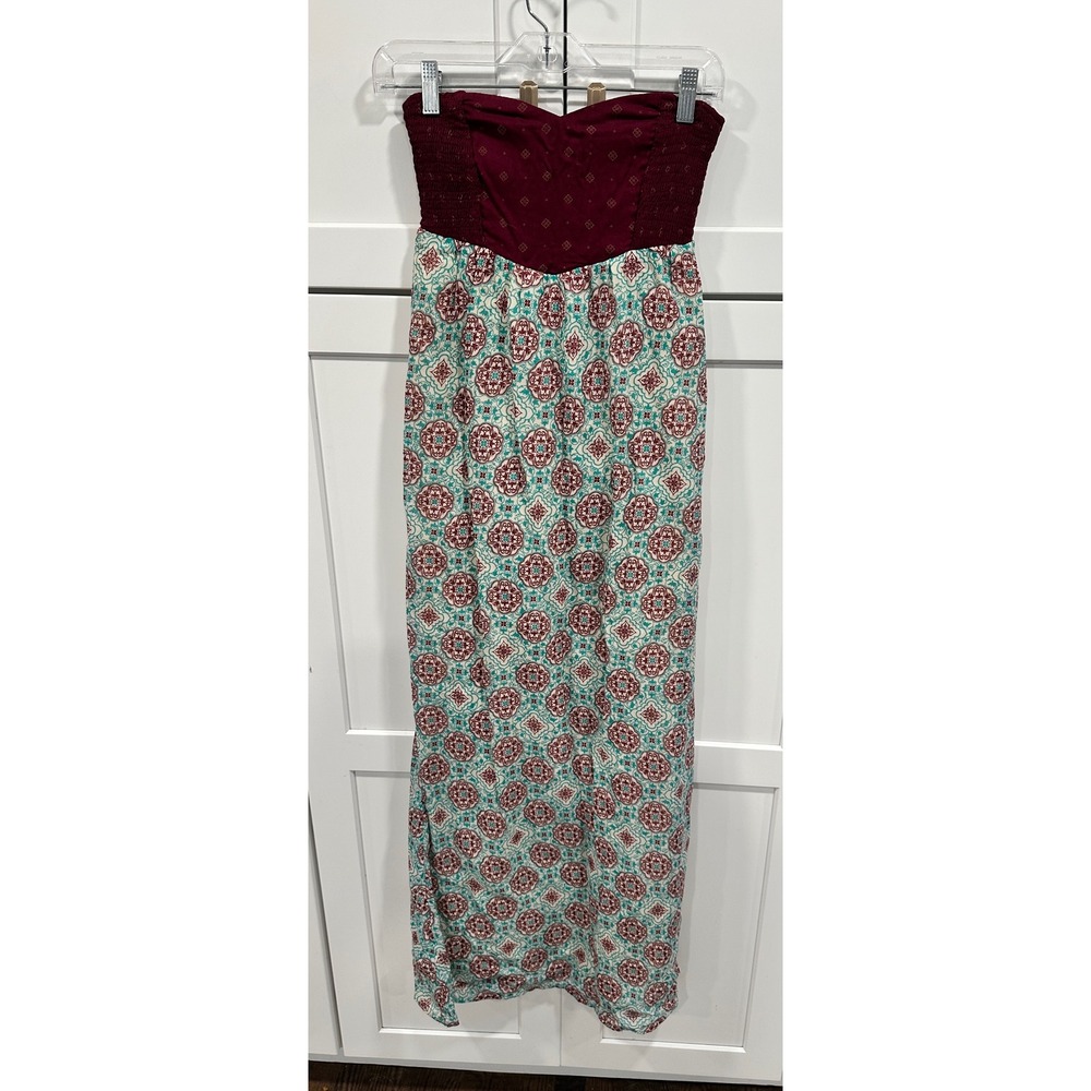 Roxy Womens Strapless Maxi Dress Burgundy‎ Teal Medallion Smocked Top XS